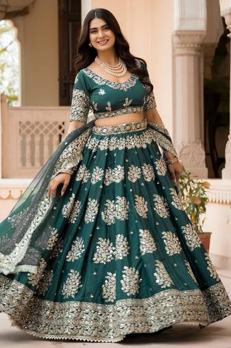 green crepe embroidered wedding lehenga choli with free size upto 44