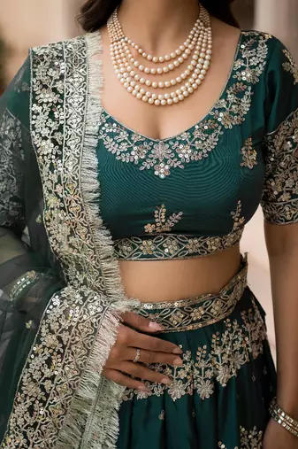 green crepe embroidered Wedding lehenga choli