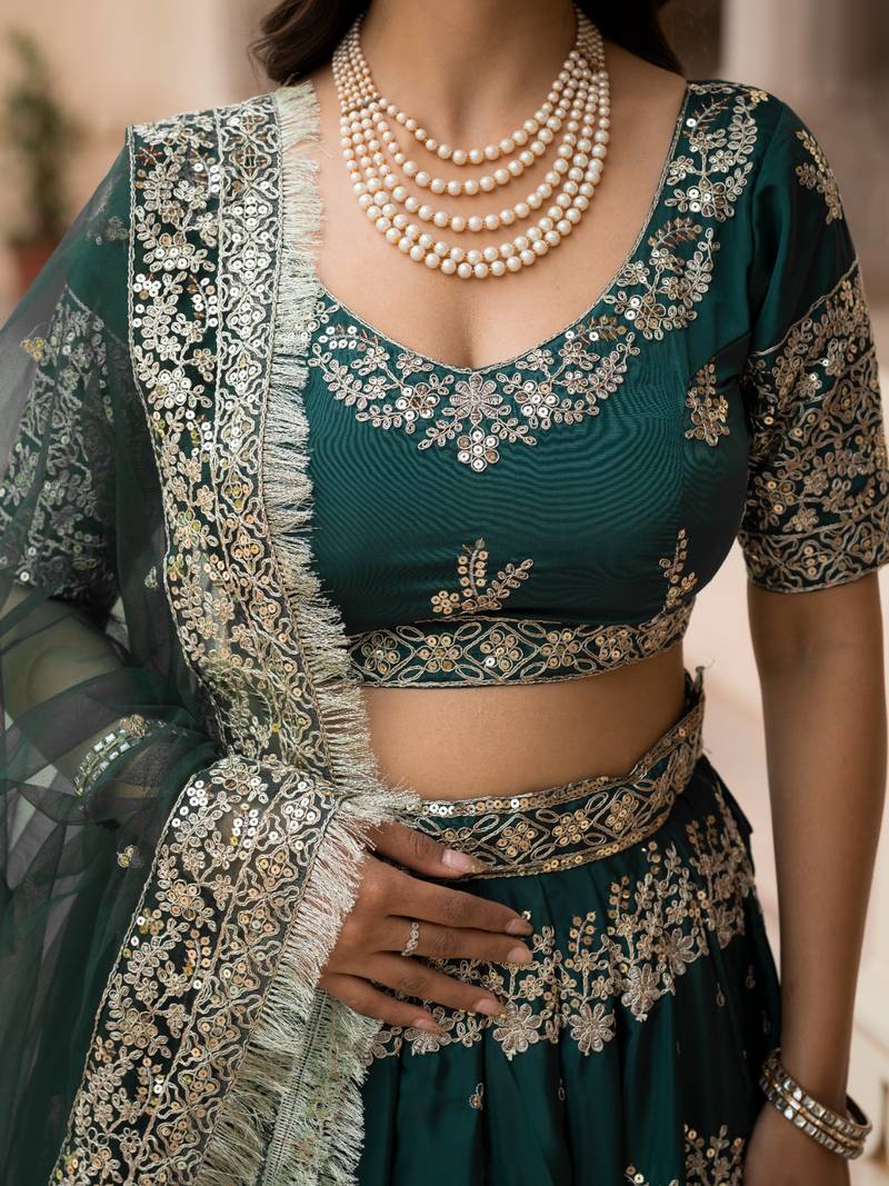 green crepe embroidered Wedding lehenga choli