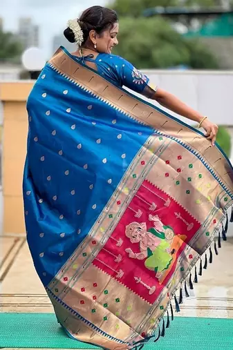 firozi soft paithani style silk blend with meenakari border and lord ganesha pallu saree