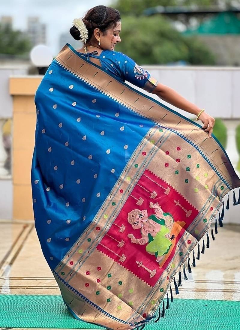 firozi soft paithani style silk blend with meenakari border and lord ganesha pallu saree