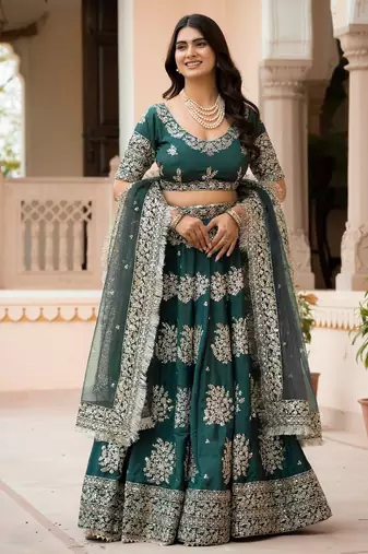 green crepe embroidered Wedding lehenga choli