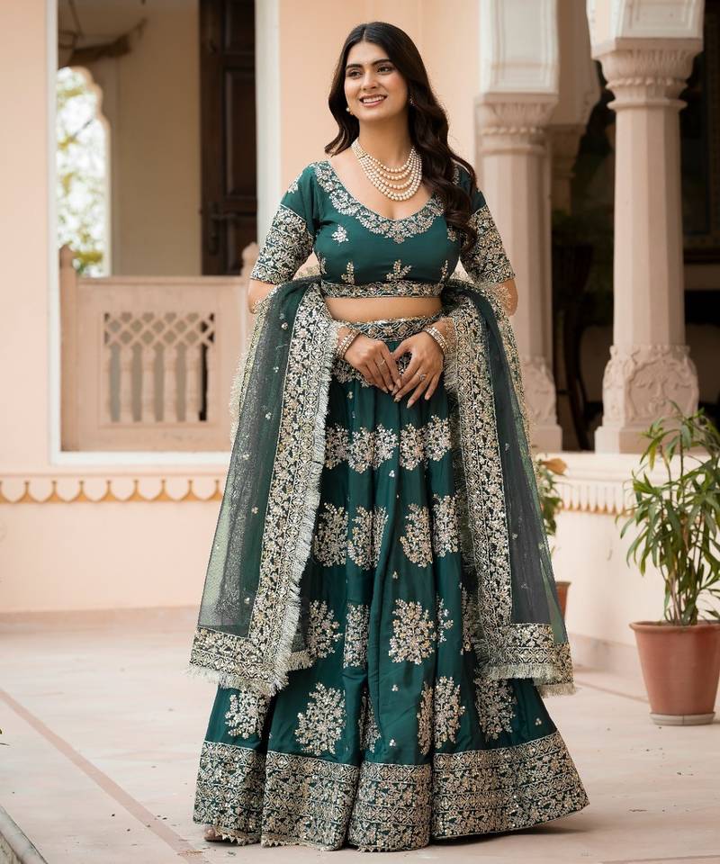 green crepe embroidered Wedding lehenga choli