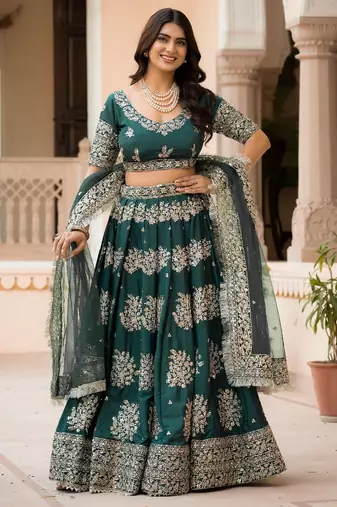 green crepe embroidered Wedding lehenga choli