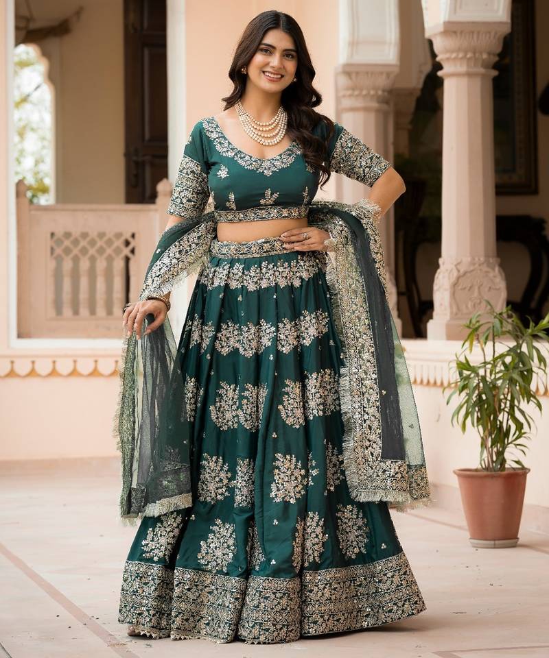 green crepe embroidered Wedding lehenga choli