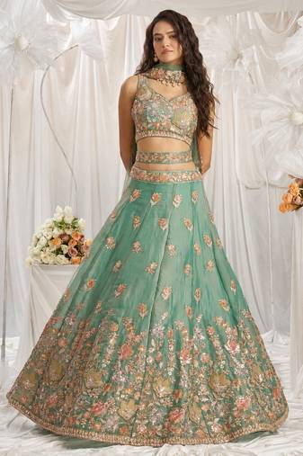 sea green silk blend embroidered Diwali lehenga choli