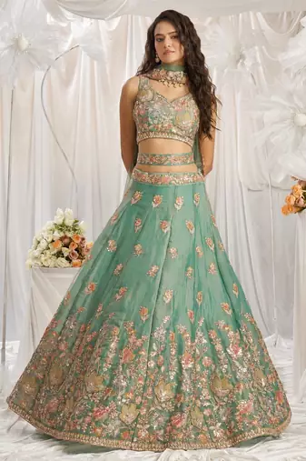 sea green silk blend embroidered Diwali lehenga choli