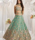 sea green silk blend embroidered Diwali lehenga choli
