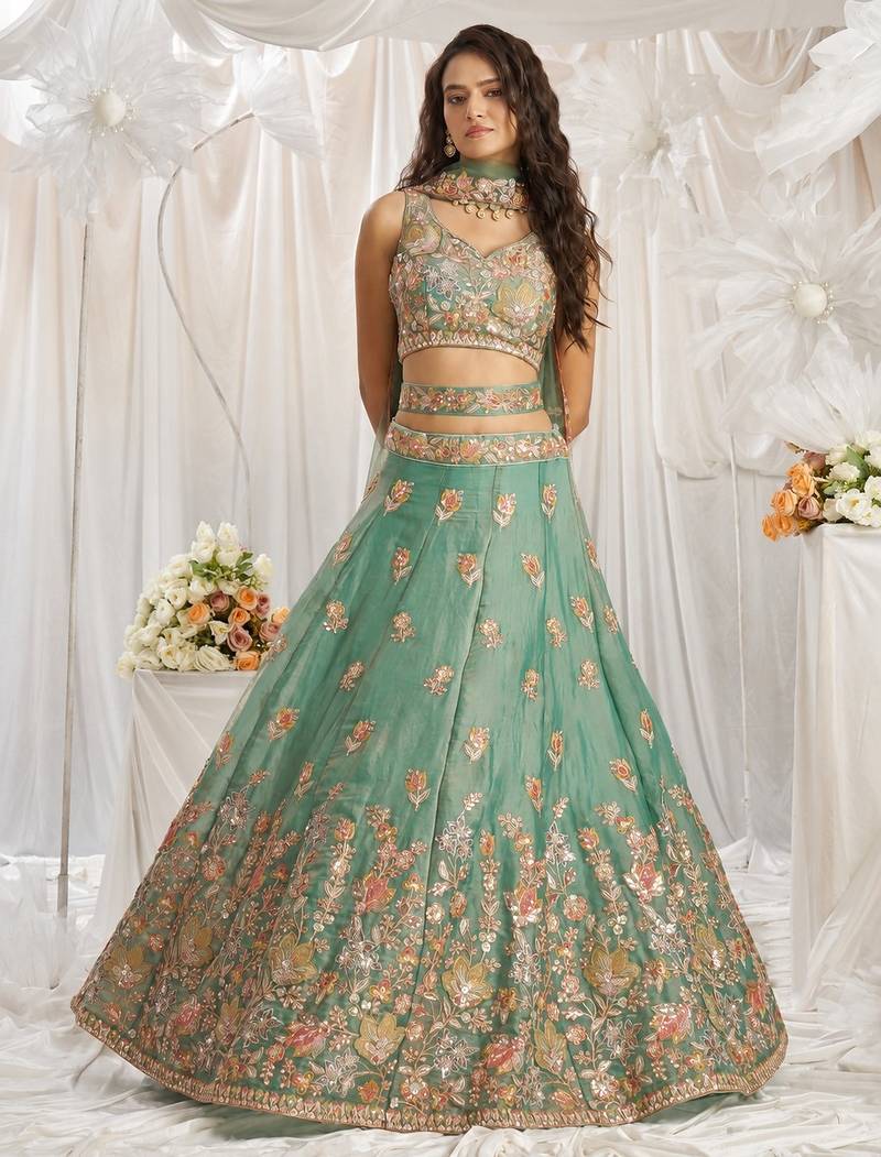 sea green silk blend embroidered Diwali lehenga choli
