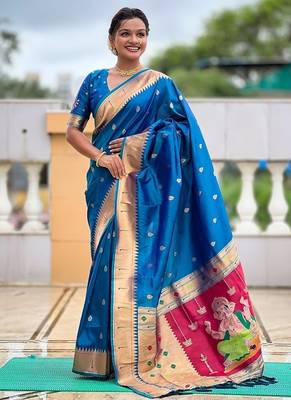 firozi soft paithani style silk blend with meenakari border and lord ganesha pallu saree 3