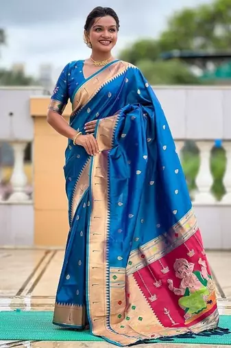 firozi soft paithani style silk blend with meenakari border and lord ganesha pallu saree