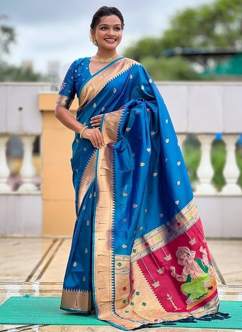 firozi soft paithani style silk blend with meenakari border and lord ganesha pallu saree