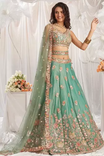 sea green silk blend embroidered Diwali lehenga choli
