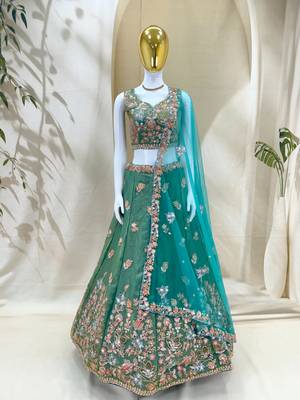 sea green silk blend embroidered diwali lehenga choli with free size upto 44 3