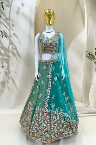 sea green silk blend embroidered Diwali lehenga choli