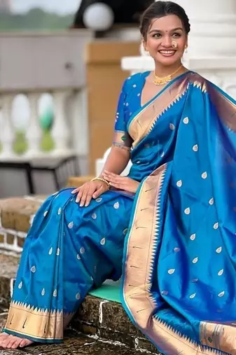 firozi soft paithani style silk blend with meenakari border and lord ganesha pallu saree
