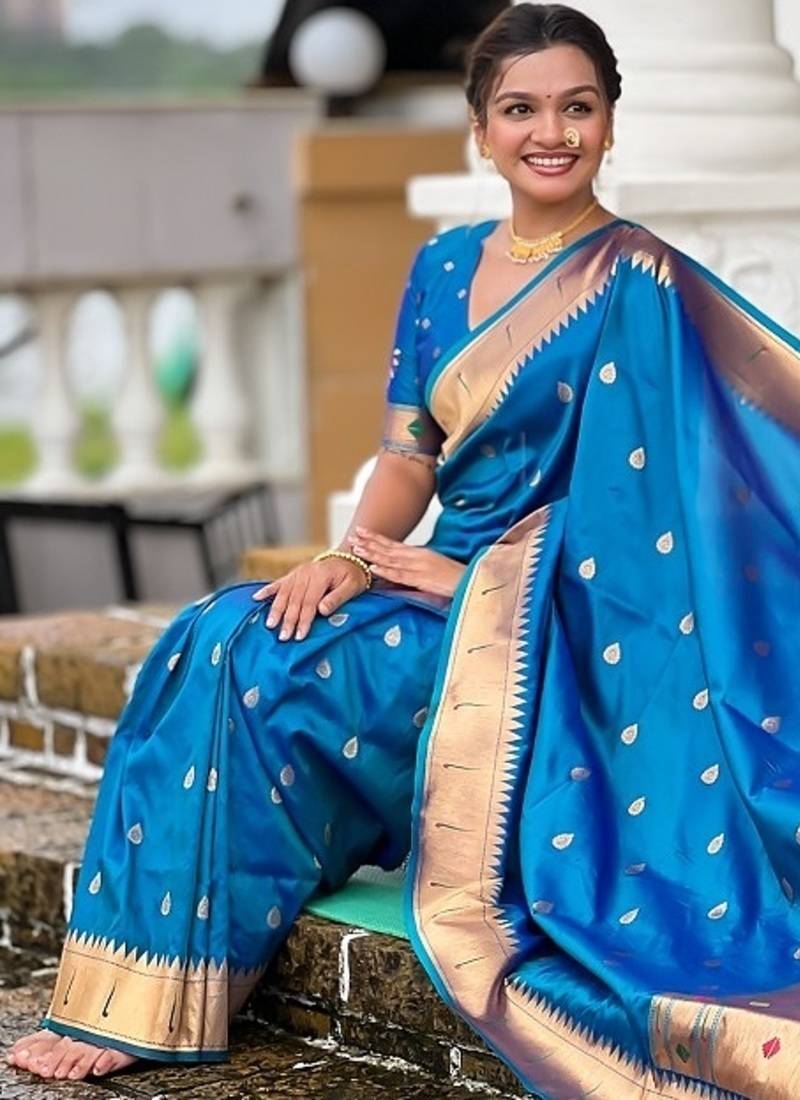 firozi soft paithani style silk blend with meenakari border and lord ganesha pallu saree