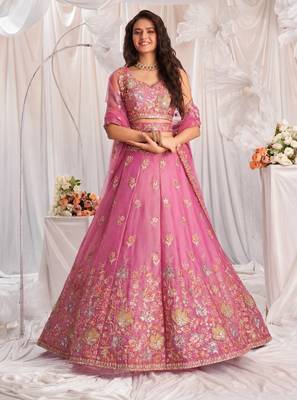 pink silk blend embroidered diwali lehenga choli with free size upto 44 1