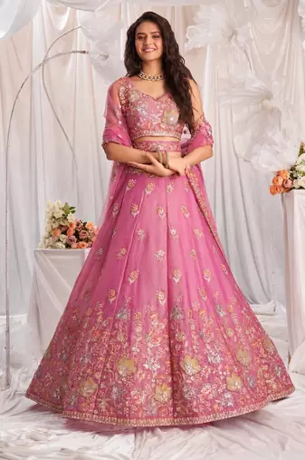 pink silk blend embroidered Diwali lehenga choli