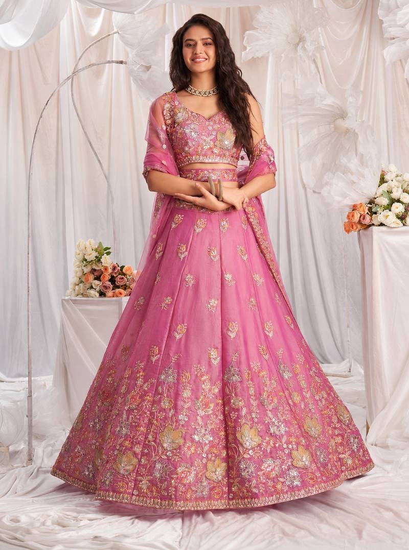 pink silk blend embroidered Diwali lehenga choli