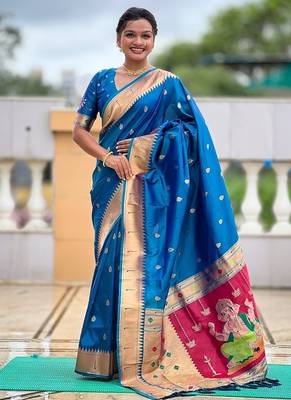 firozi soft paithani style silk blend with meenakari border and lord ganesha pallu saree 5
