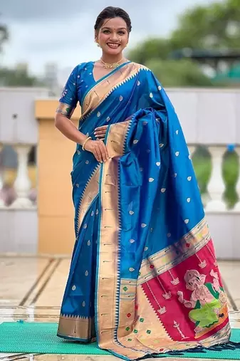 firozi soft paithani style silk blend with meenakari border and lord ganesha pallu saree