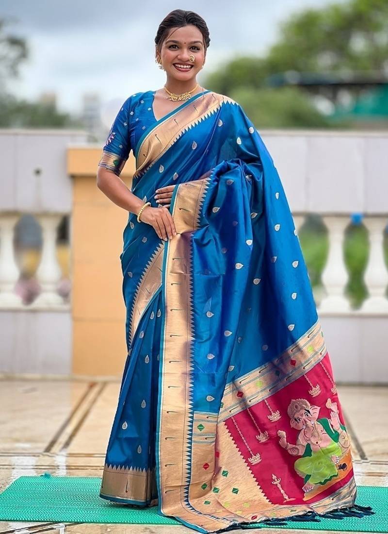 firozi soft paithani style silk blend with meenakari border and lord ganesha pallu saree