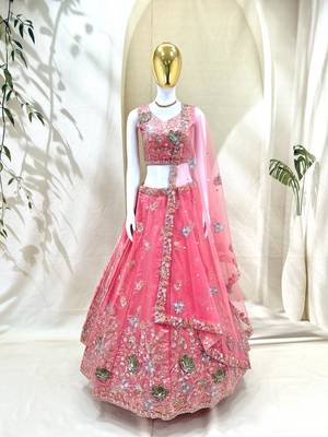 pink silk blend embroidered diwali lehenga choli with free size upto 44 2