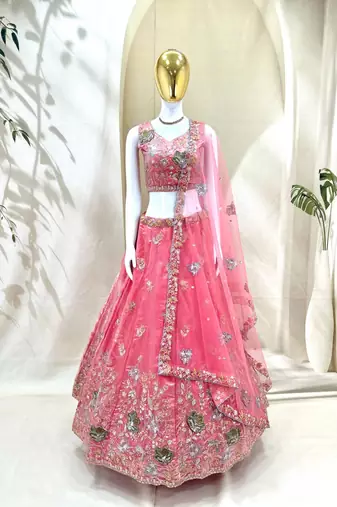 pink silk blend embroidered Diwali lehenga choli