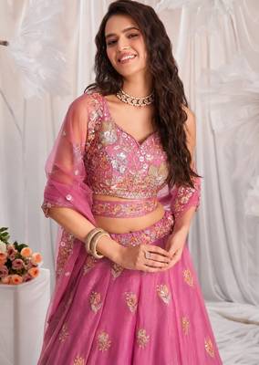 pink silk blend embroidered diwali lehenga choli with free size upto 44 3
