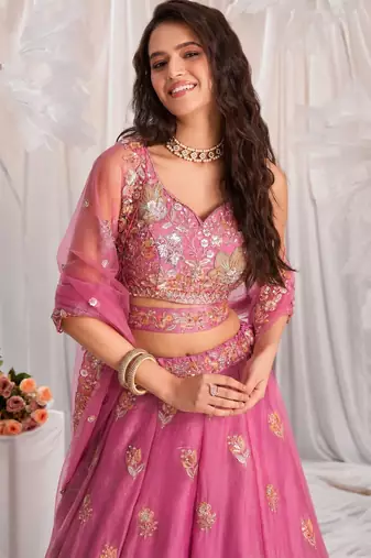 pink silk blend embroidered Diwali lehenga choli