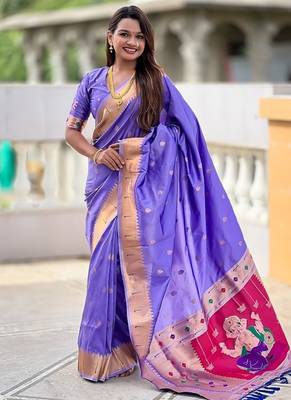 lavender soft paithani style silk blend with meenakari border and lord ganesha pallu saree 1