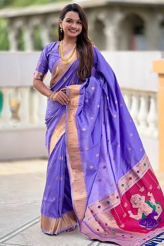 lavender soft paithani style silk blend with meenakari border and lord ganesha pallu saree