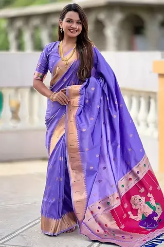 lavender soft paithani style silk blend with meenakari border and lord ganesha pallu saree