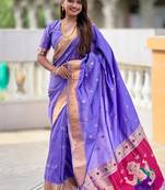 lavender soft paithani style silk blend with meenakari border and lord ganesha pallu saree