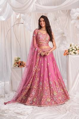 pink silk blend embroidered diwali lehenga choli with free size upto 44 4
