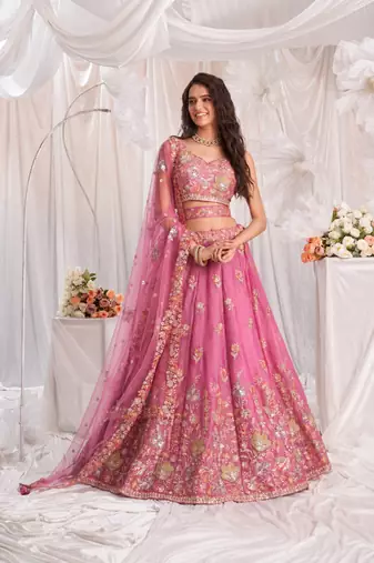 pink silk blend embroidered Diwali lehenga choli