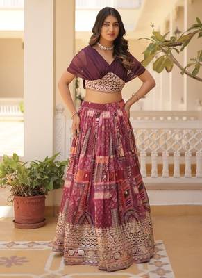 rani pink silk blend printed navratri lehenga choli with free size upto 44 1