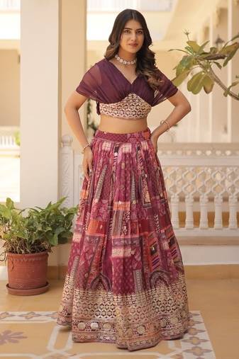 rani pink silk blend printed Navratri lehenga choli