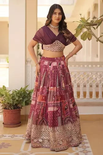 rani pink silk blend printed Navratri lehenga choli