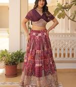 rani pink silk blend printed Navratri lehenga choli