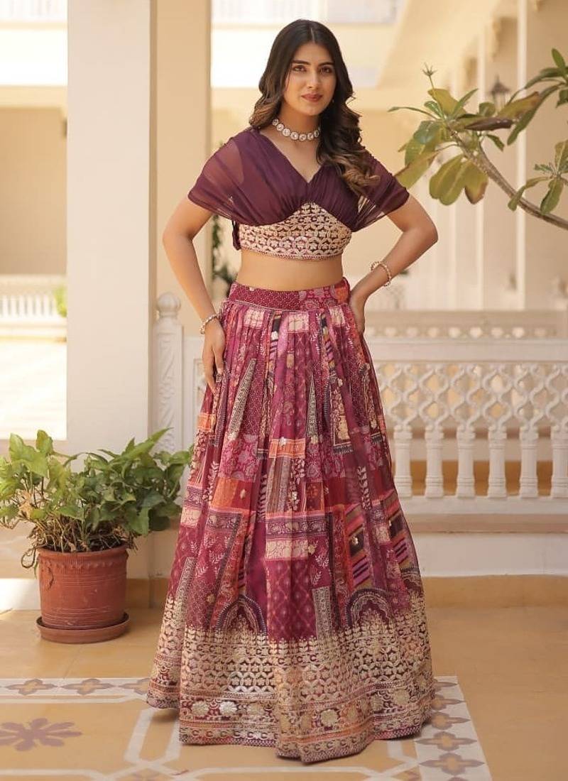 rani pink silk blend printed Navratri lehenga choli