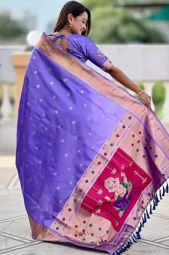 lavender soft paithani style silk blend with meenakari border and lord ganesha pallu saree