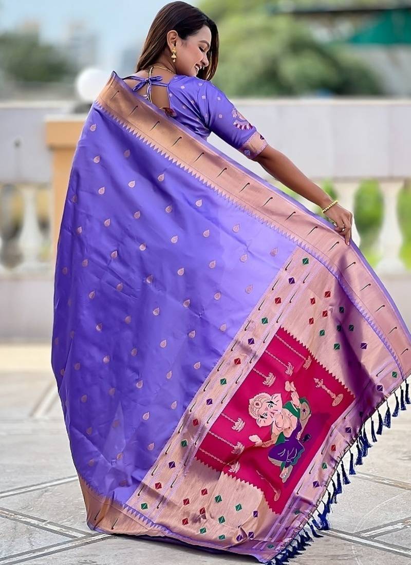 lavender soft paithani style silk blend with meenakari border and lord ganesha pallu saree