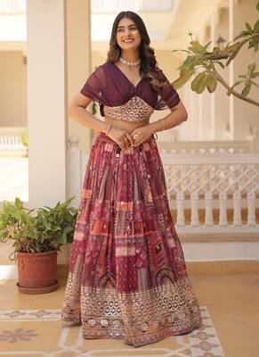 rani pink silk blend printed navratri lehenga choli with free size upto 44 3