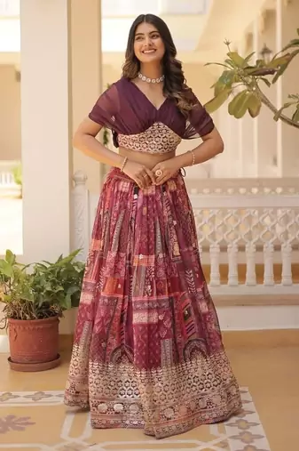 rani pink silk blend printed Navratri lehenga choli