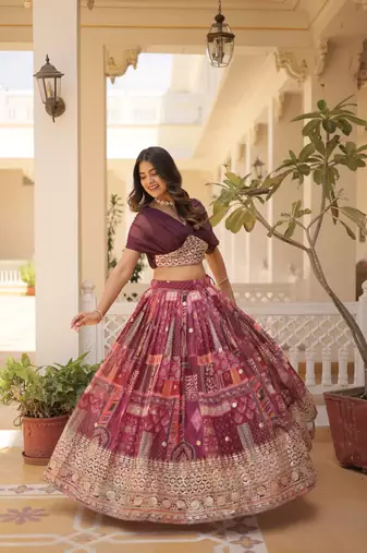 rani pink silk blend printed Navratri lehenga choli