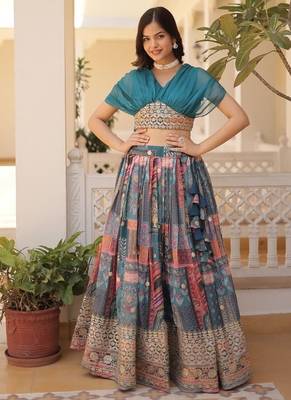 teal silk blend printed navratri lehenga choli with free size upto 44 1