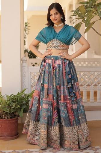 teal silk blend printed Navratri lehenga choli