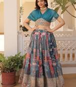 teal silk blend printed Navratri lehenga choli